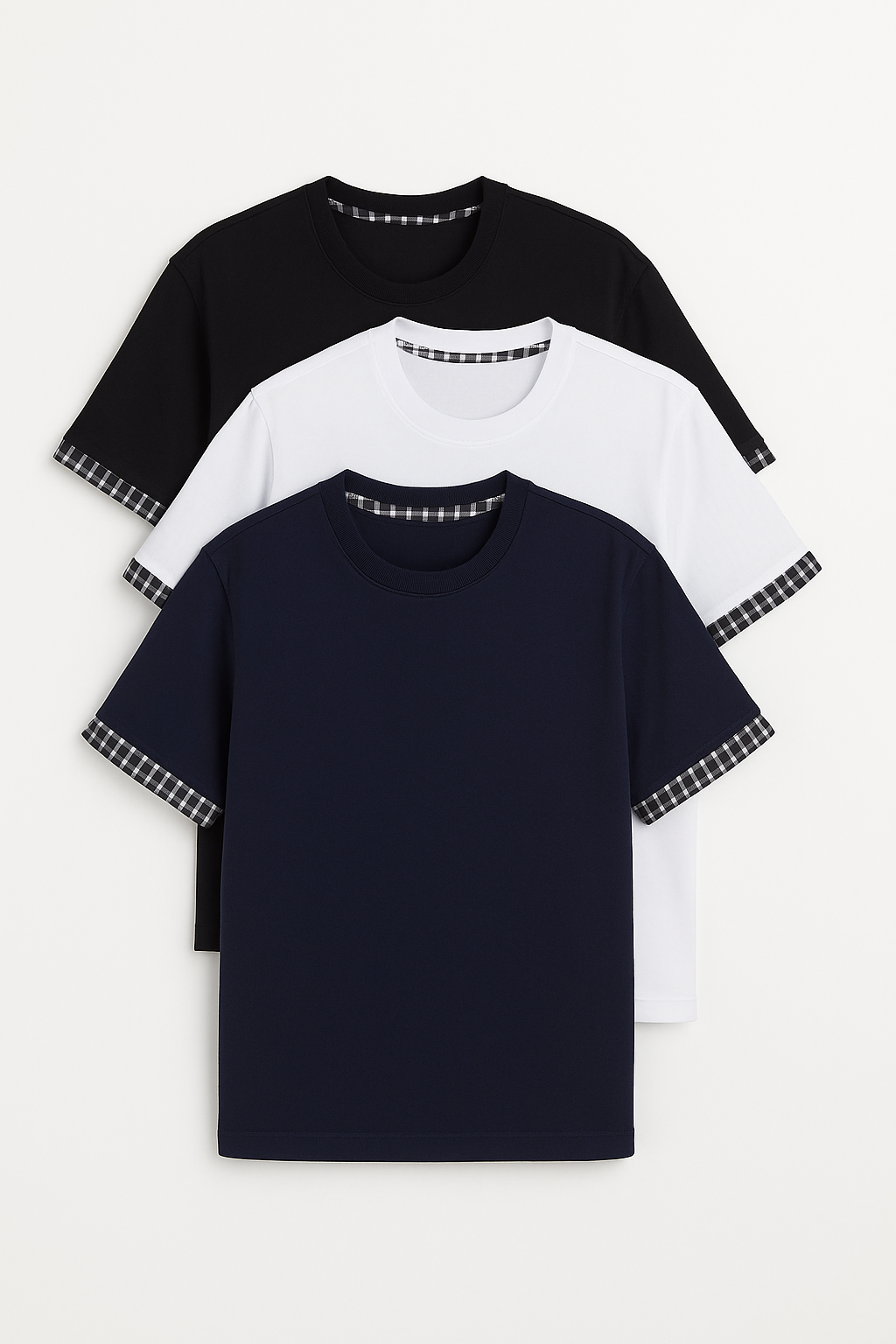Pack of 3- Minimal Cheque Sleeve T-Shirt BLUE+BLACK+WHITE
