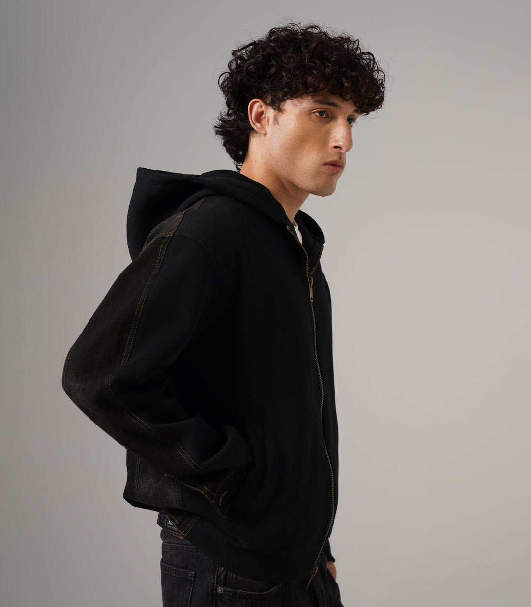 DENIM BACK HOODIE -BLACK