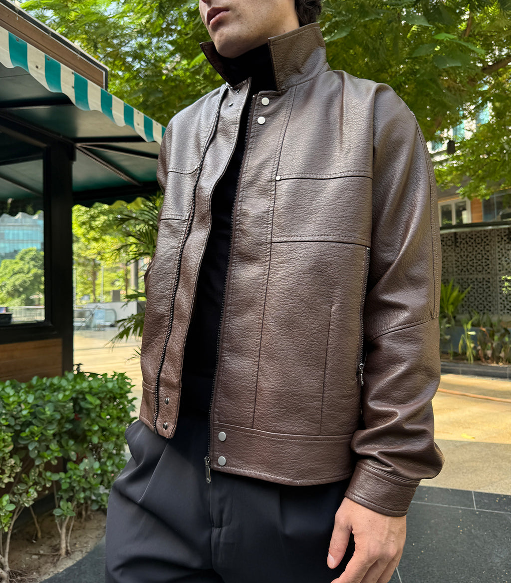 Panelled Leather Jacket – Brown