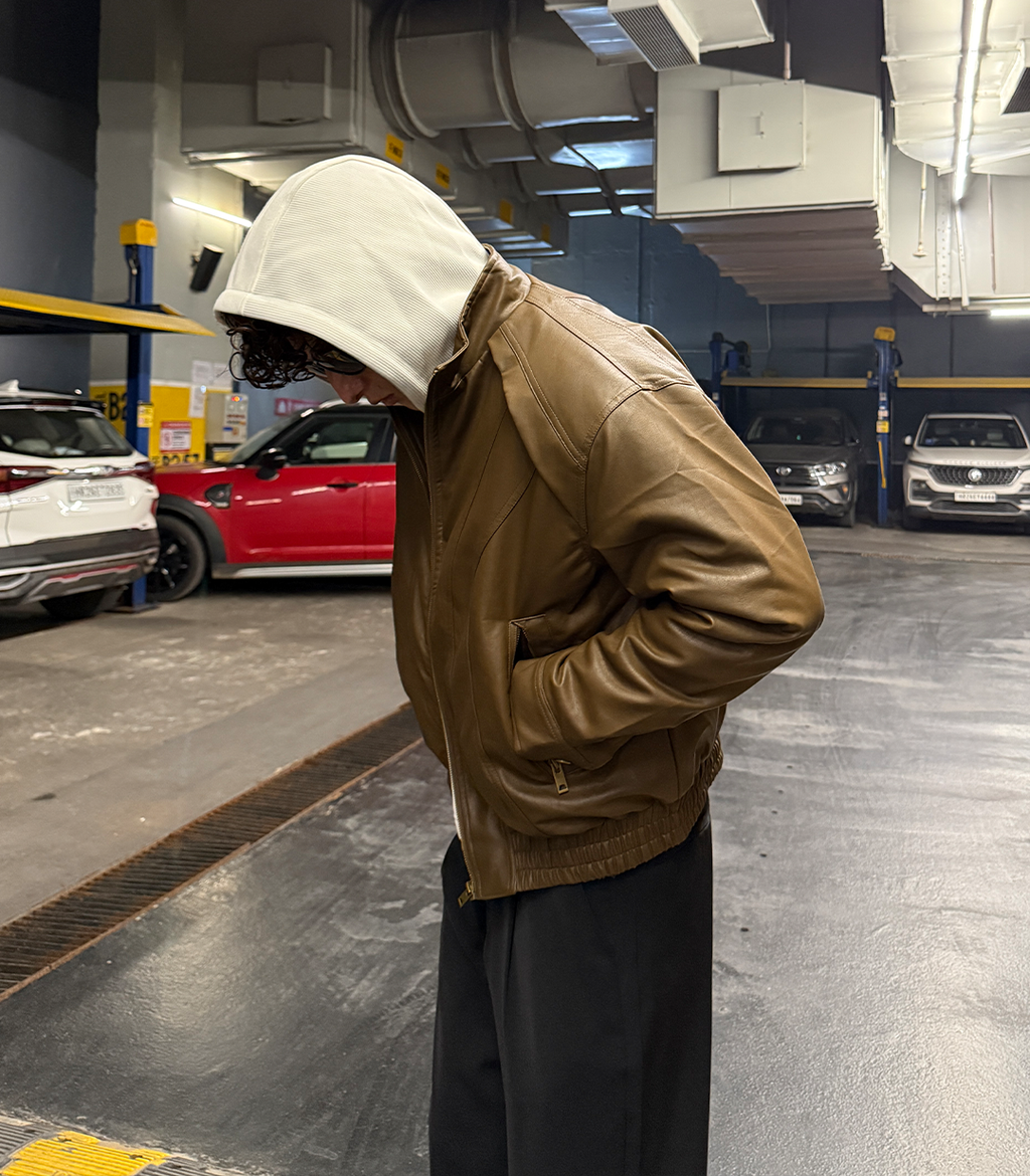 PANEL CUT LEATHER BOMBER