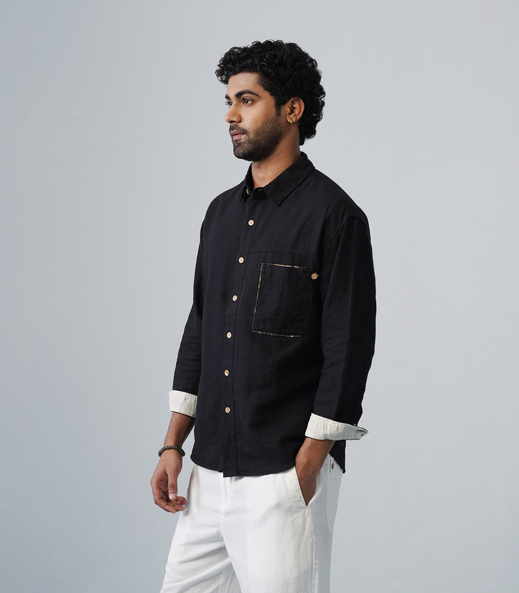PATCHWORK LINEN SHIRT - BLACK