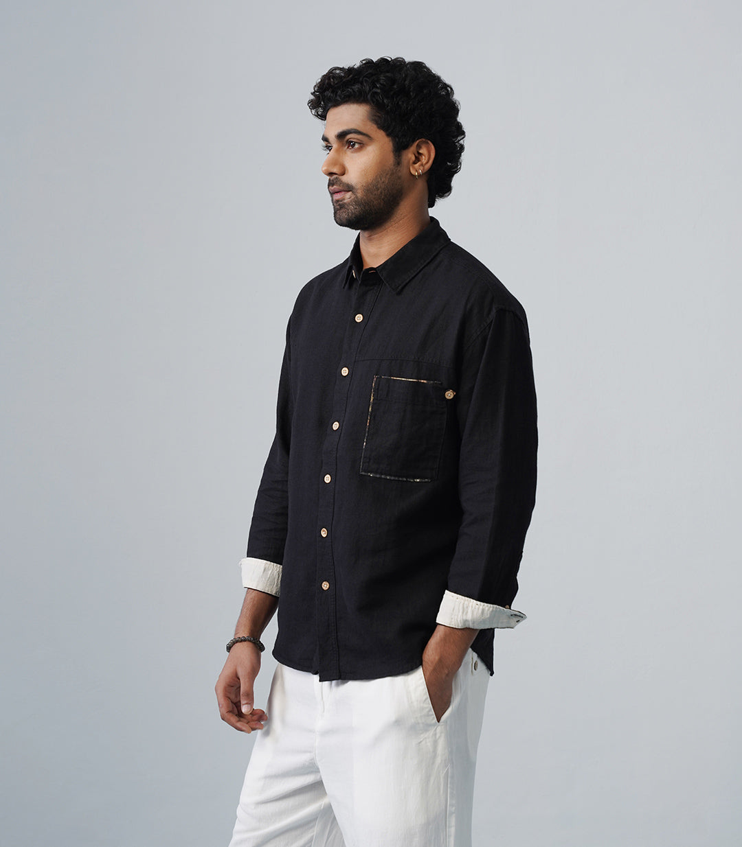 PATCHWORK LINEN SHIRT - BLACK
