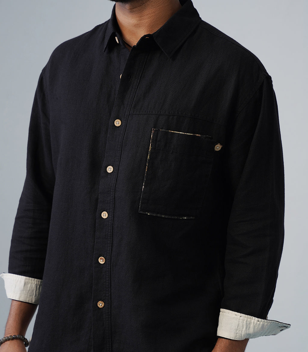 PATCHWORK LINEN SHIRT - BLACK