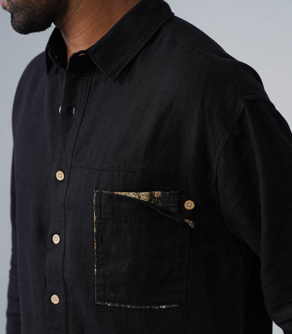 PATCHWORK LINEN SHIRT - BLACK