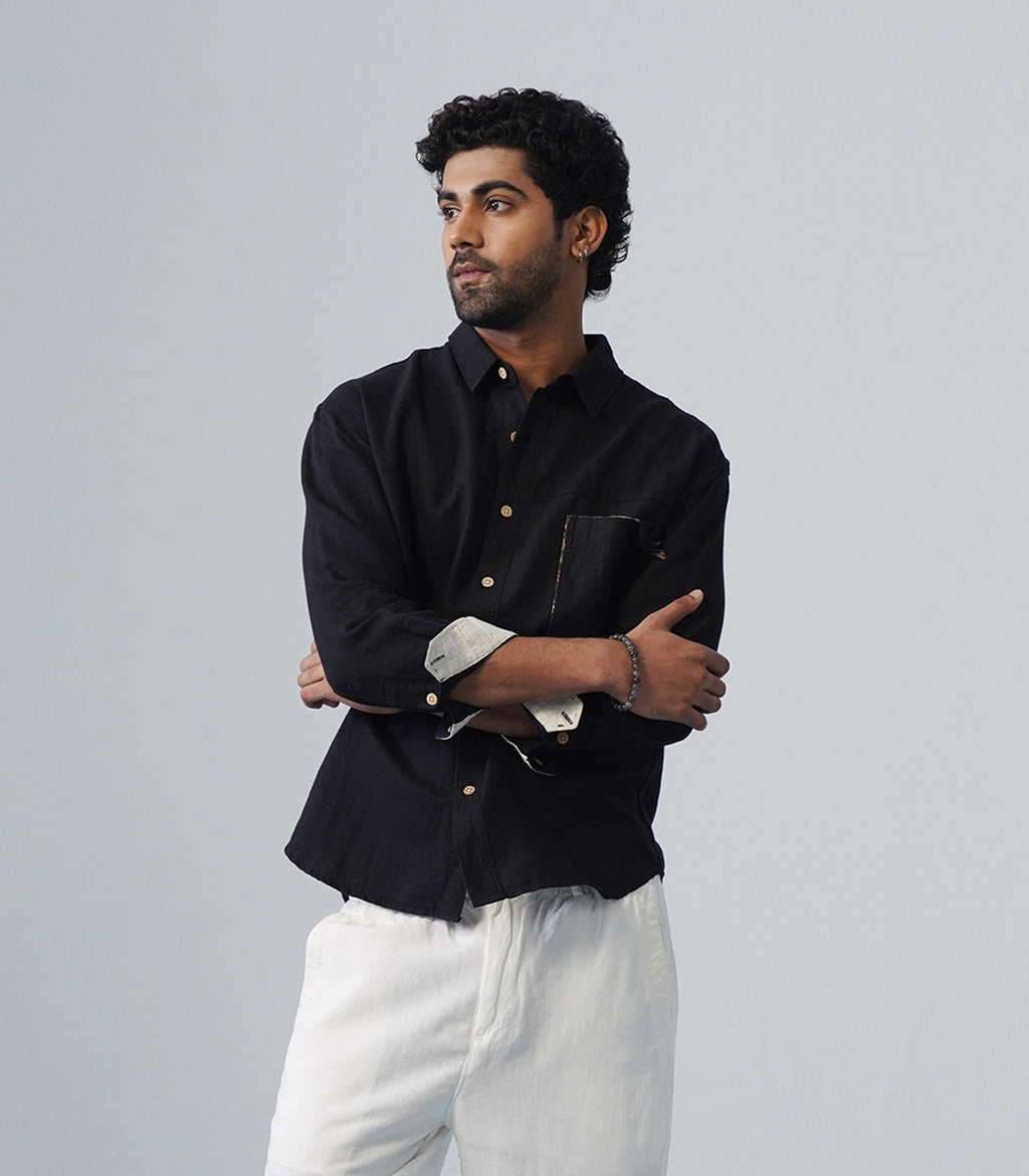 PATCHWORK LINEN SHIRT - BLACK