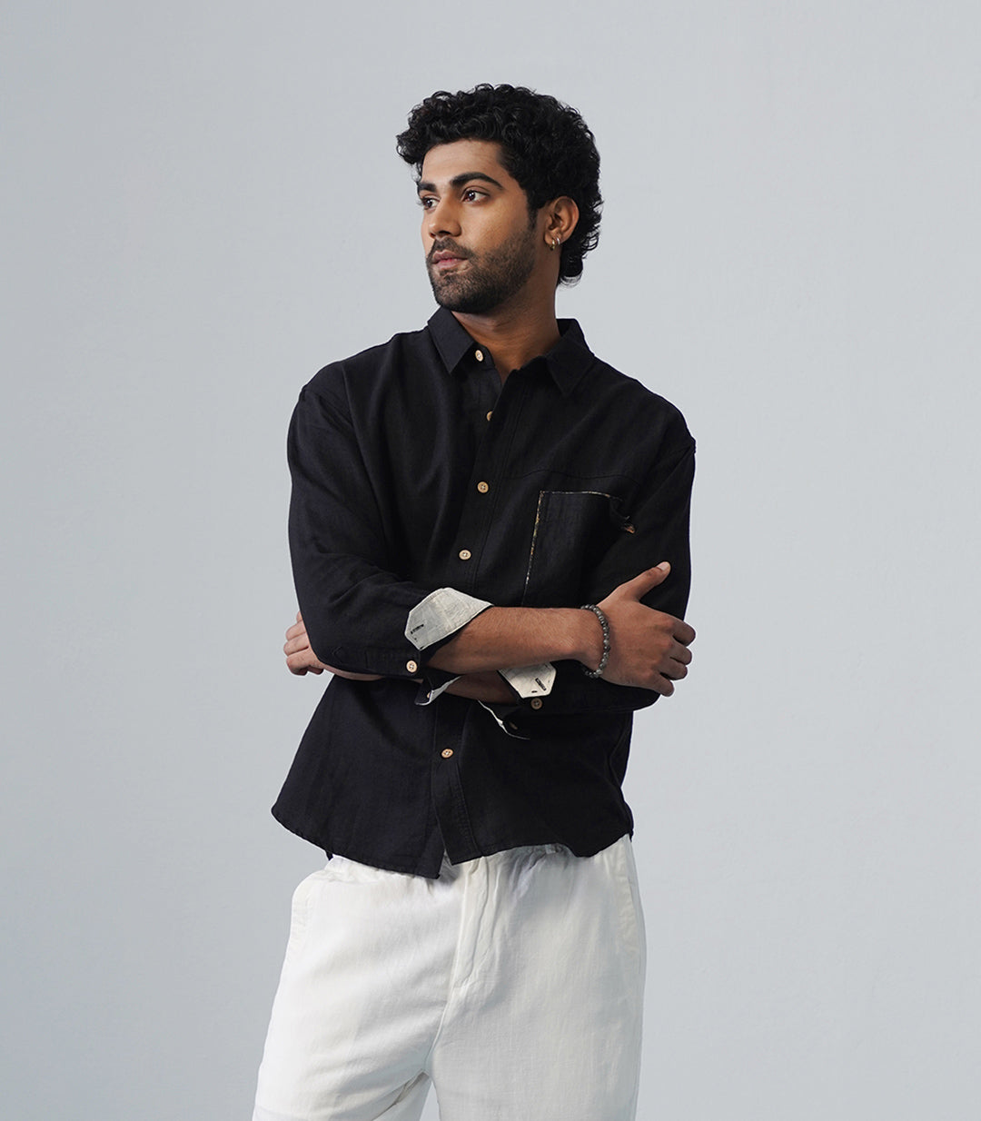PATCHWORK LINEN SHIRT - BLACK
