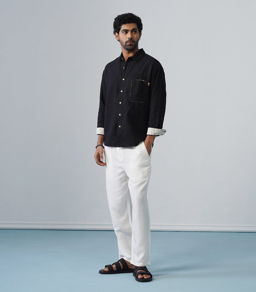 PATCHWORK LINEN SHIRT - BLACK
