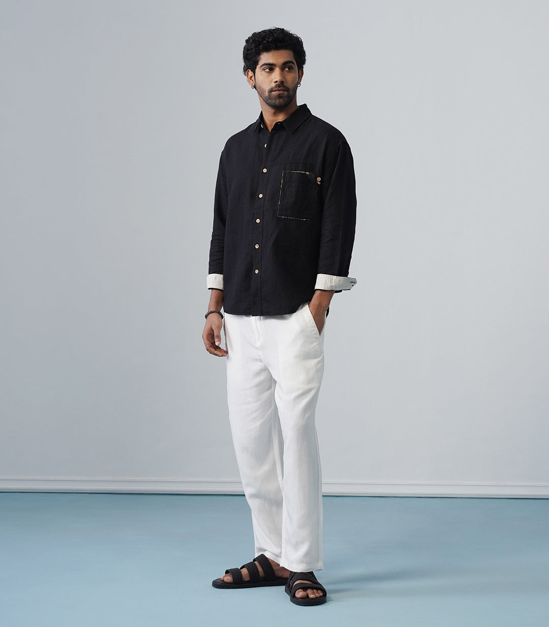 PATCHWORK LINEN SHIRT - BLACK