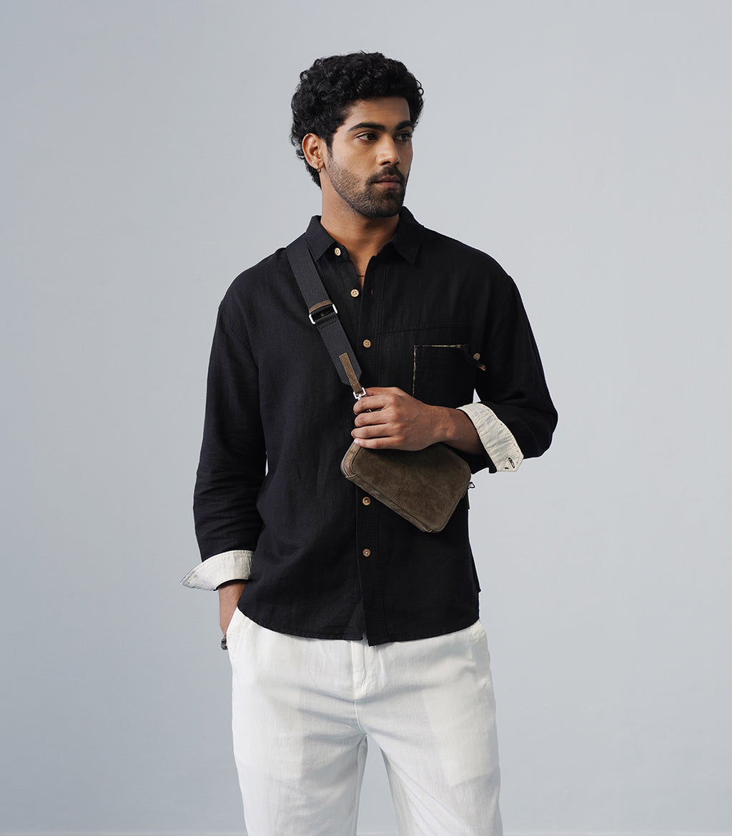 PATCHWORK LINEN SHIRT - BLACK