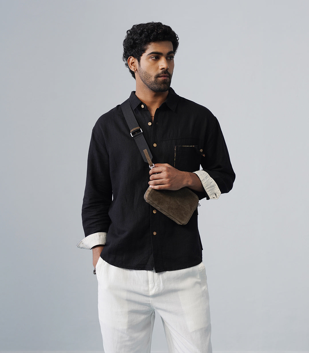 PATCHWORK LINEN SHIRT - BLACK