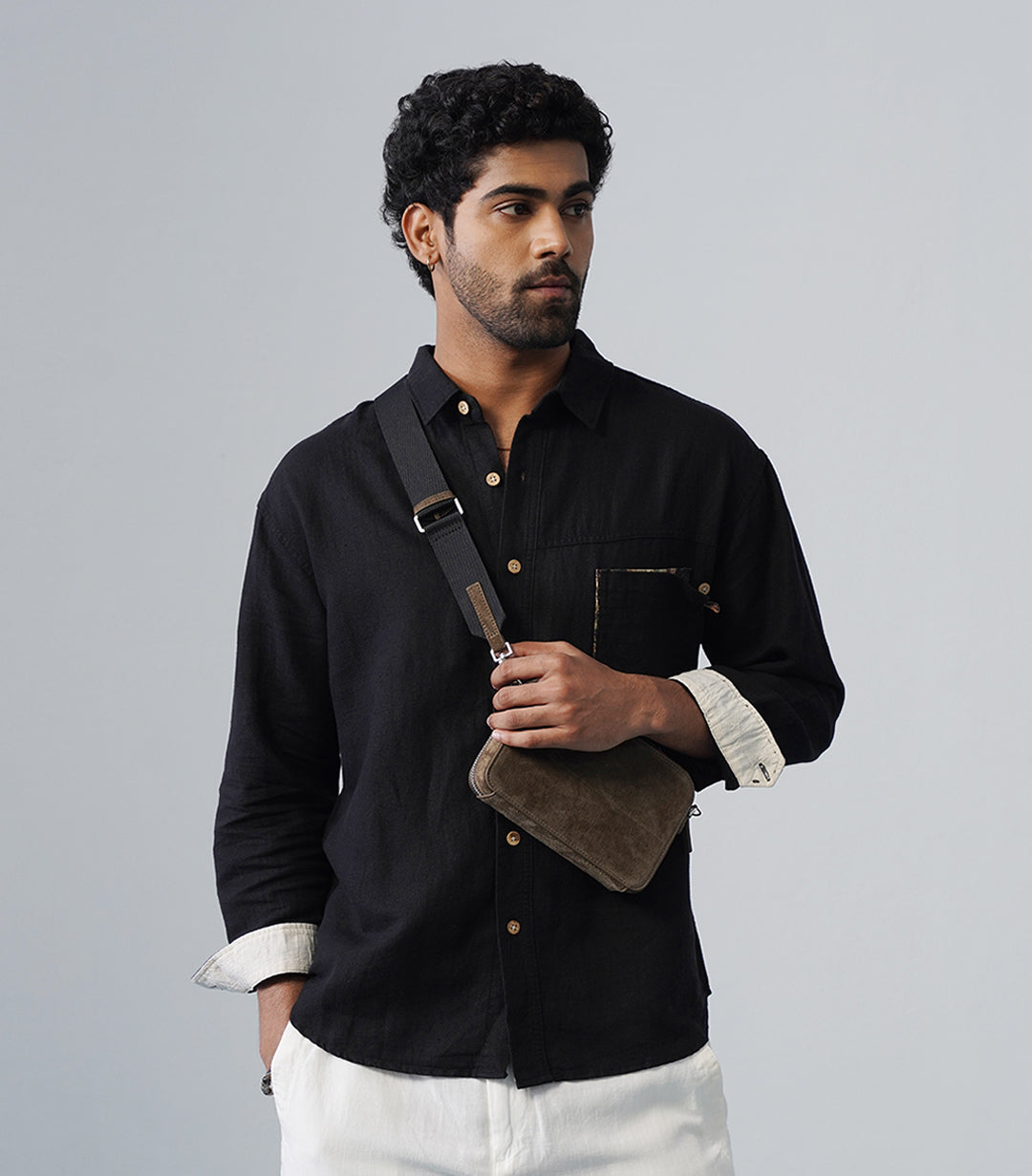 PATCHWORK LINEN SHIRT - BLACK