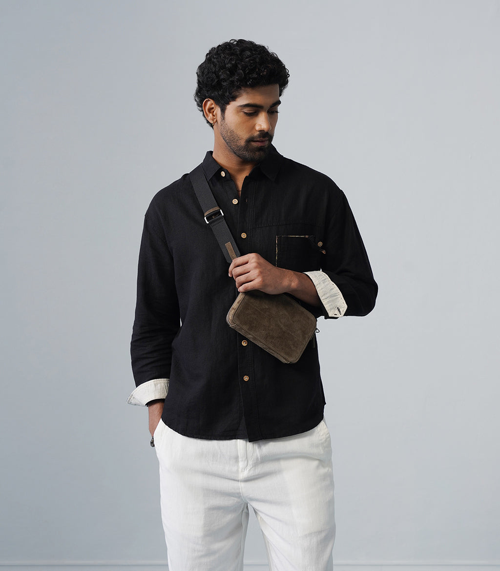 PATCHWORK LINEN SHIRT - BLACK