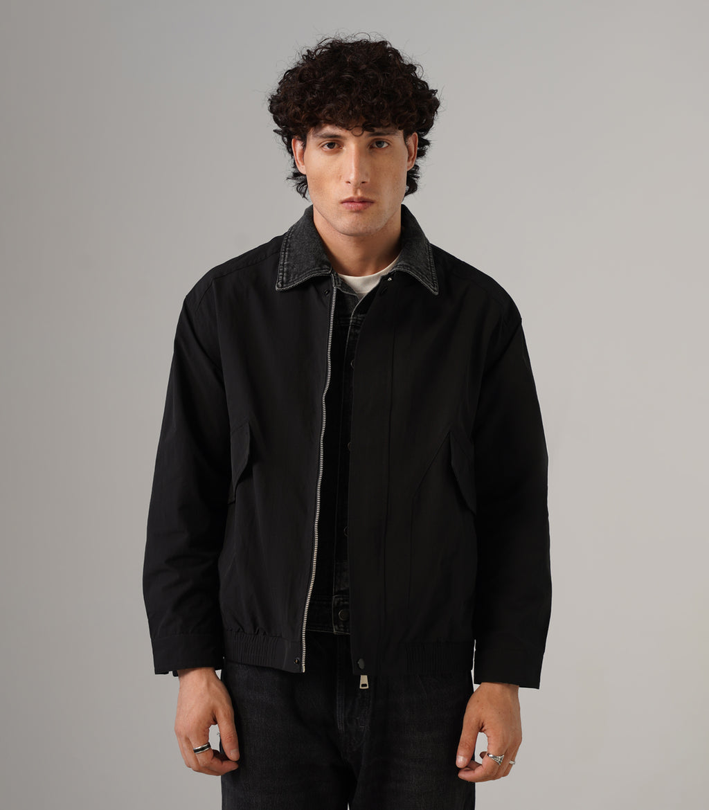 DENIM COLLAR JACKET - BLACK