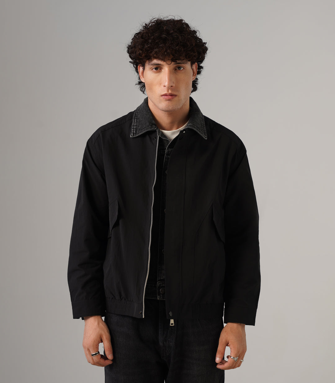 DENIM COLLAR JACKET - BLACK