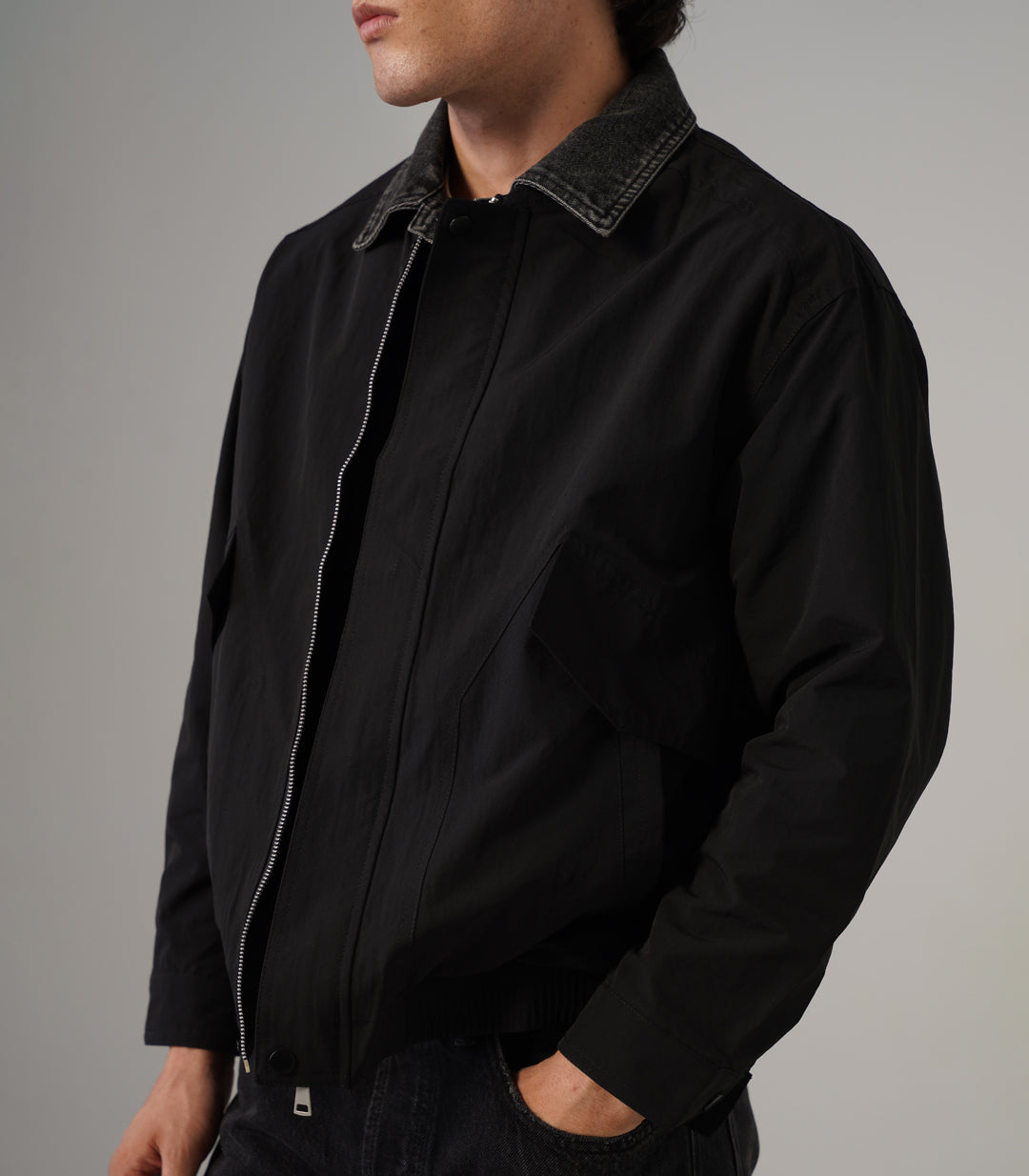 DENIM COLLAR JACKET - BLACK