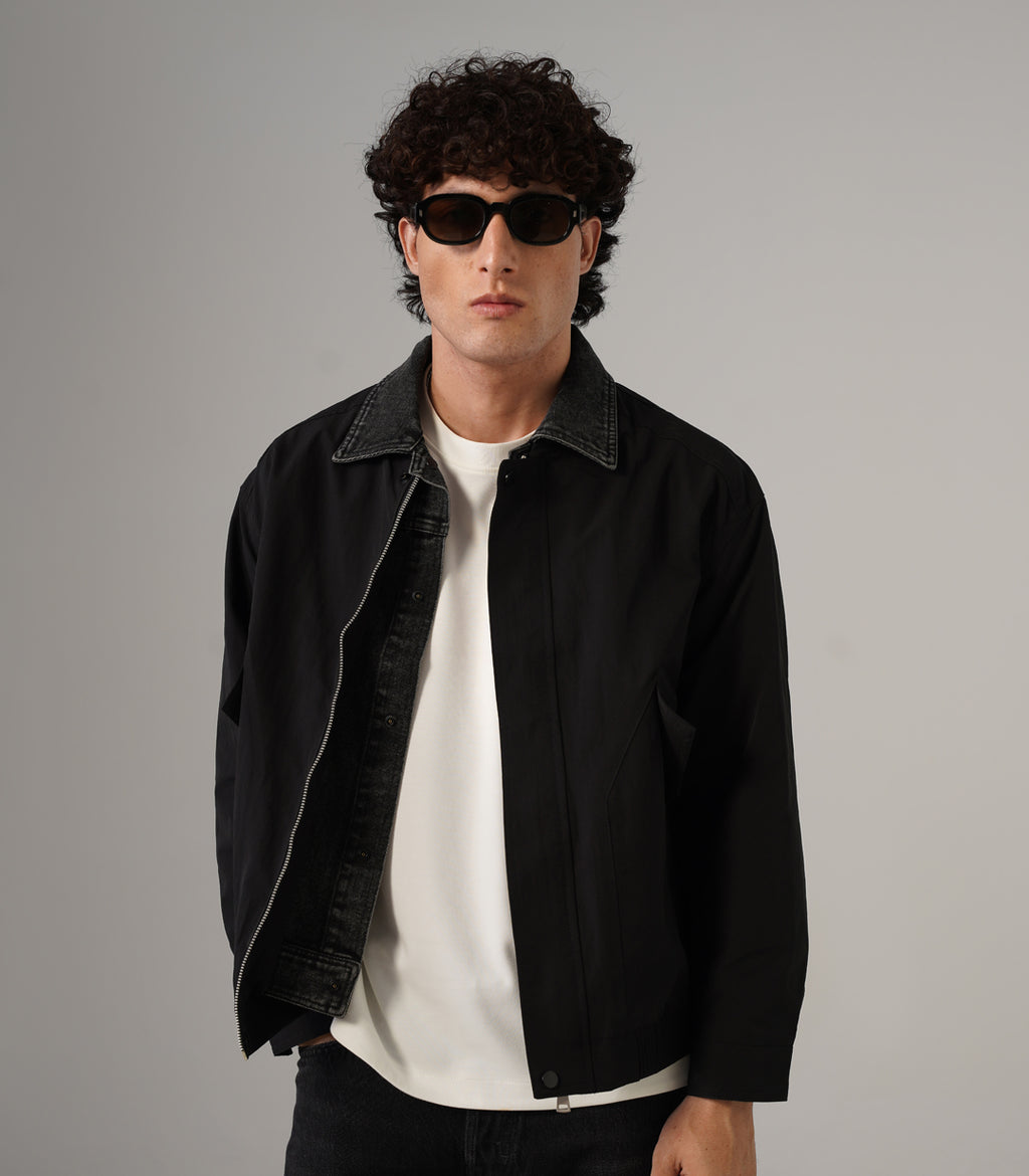 DENIM COLLAR JACKET - BLACK