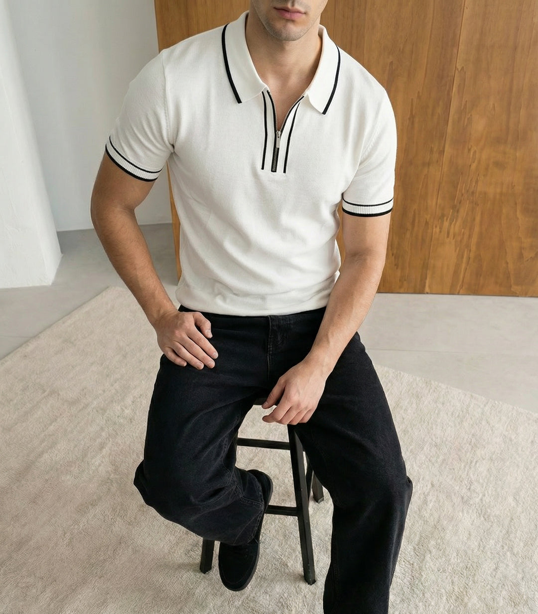 CONTRAST RIB KNITTED POLO T-SHIRT