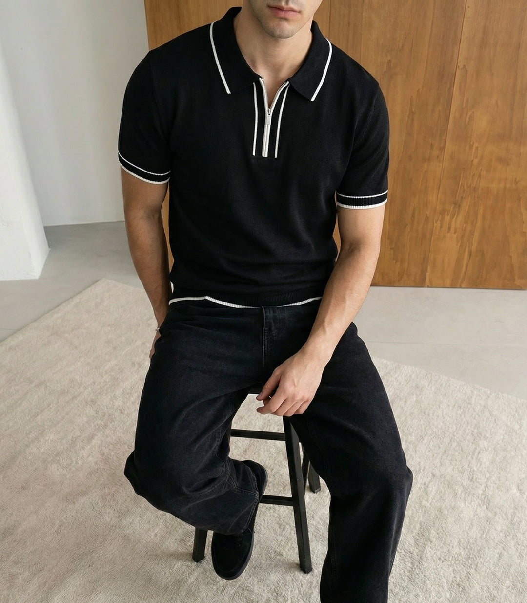 CONTRAST RIB KNITTED POLO T-SHIRT