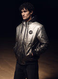 Reversible Chrome Puffer Jacket in silver, front view on model