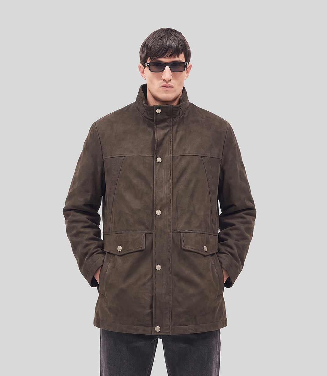 Suede Long Jacket in brown, front view on model