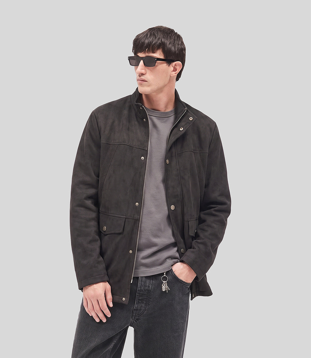 Suede Long Jacket in dark brown, worn open over a grey tee