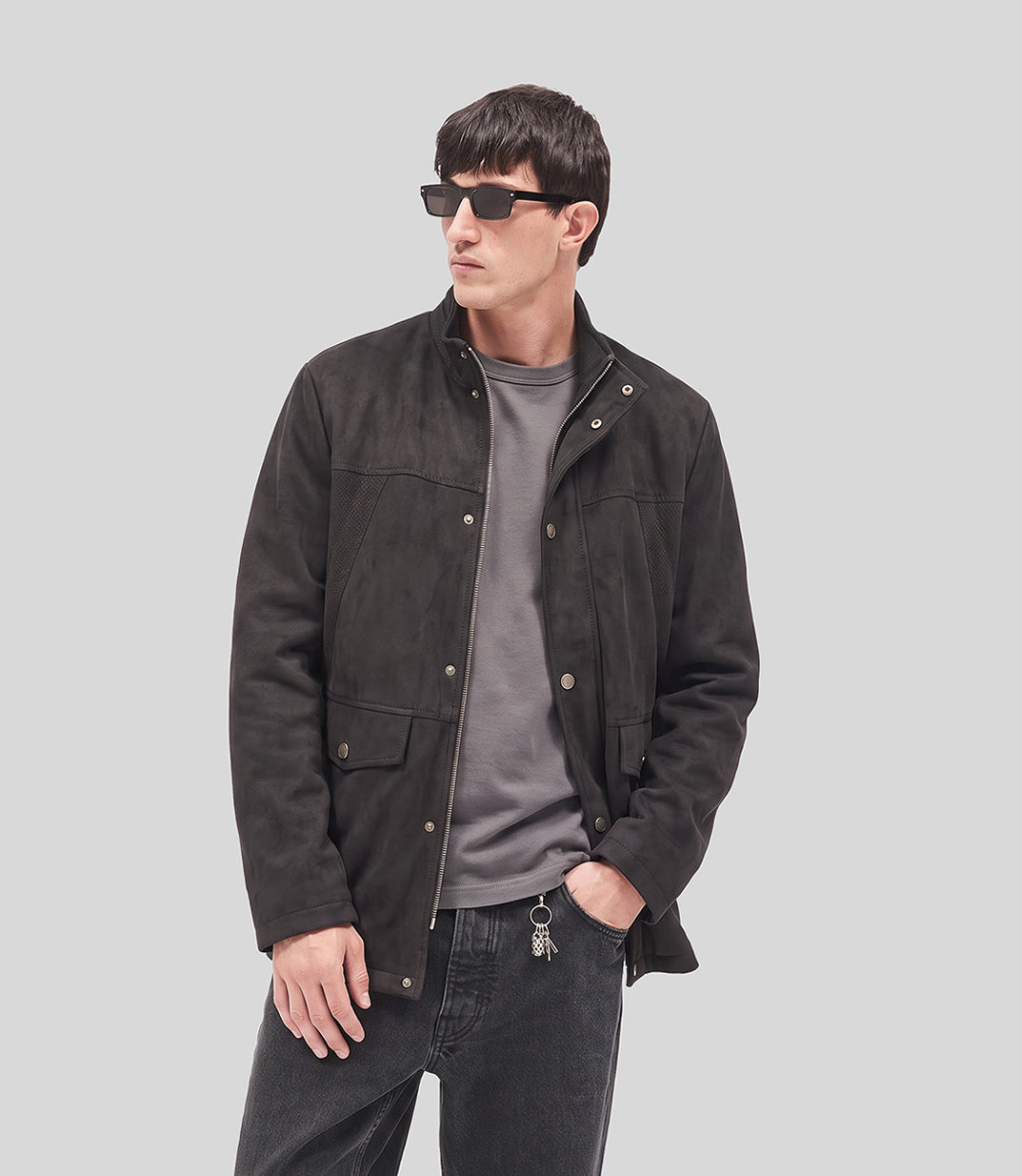 Suede Long Jacket in dark brown, worn open over a grey tee
