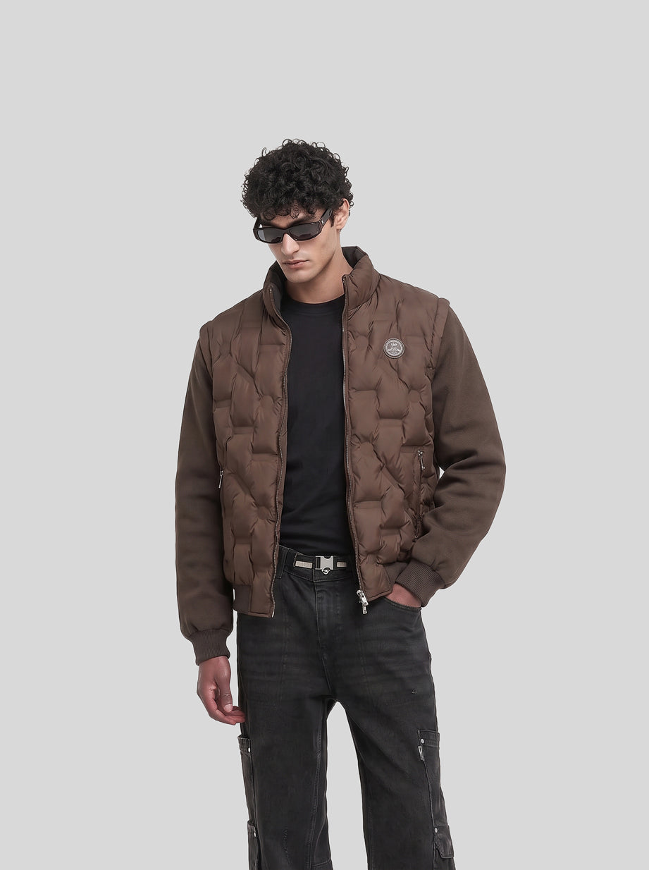 Convertible Quilted Jacket in brown, front view on model