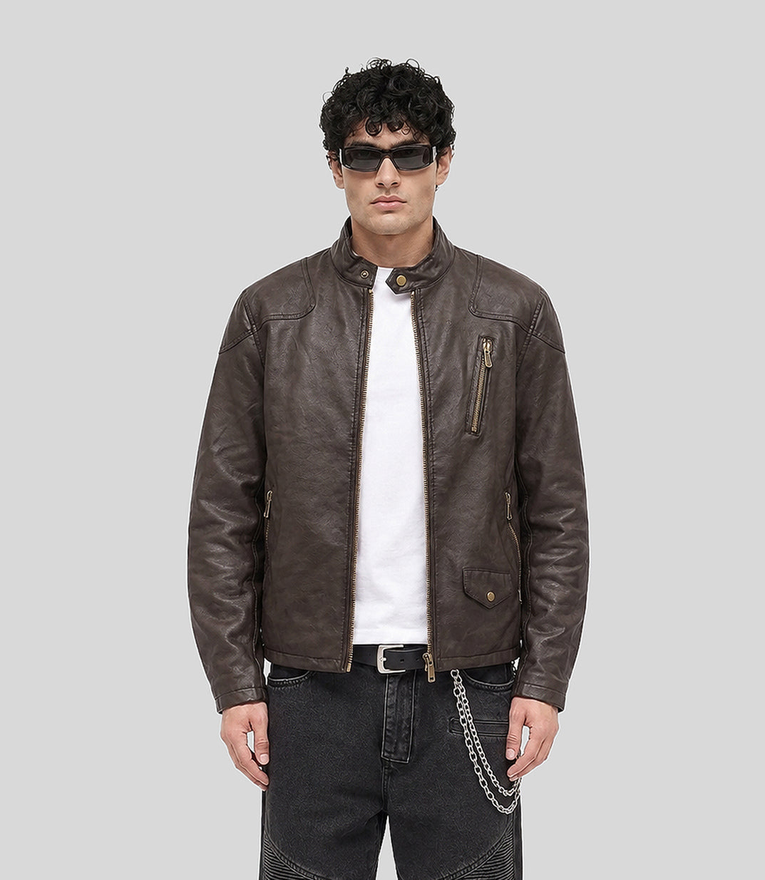Sunfade Leather Jacket in brown, three-quarter view on model