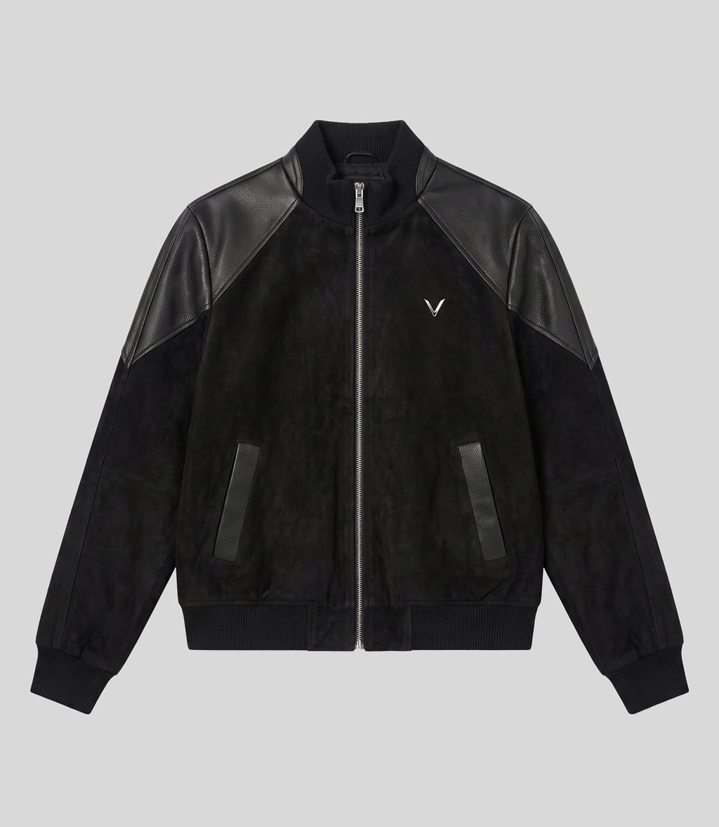 Heritage Suede Bomber Jacket in black, flat front view showing the leather shoulder and sleeve panels
