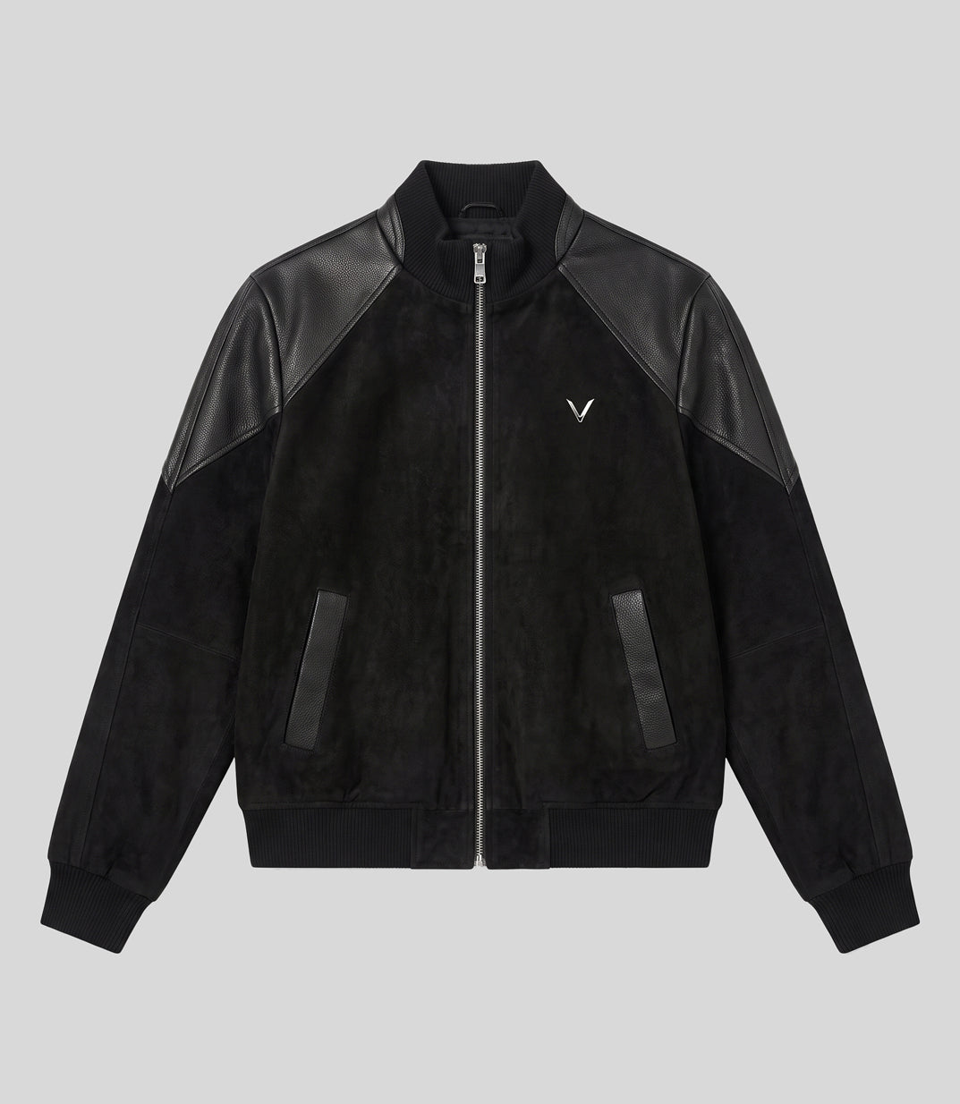 Heritage Suede Bomber Jacket in black, flat front view showing the leather shoulder and sleeve panels