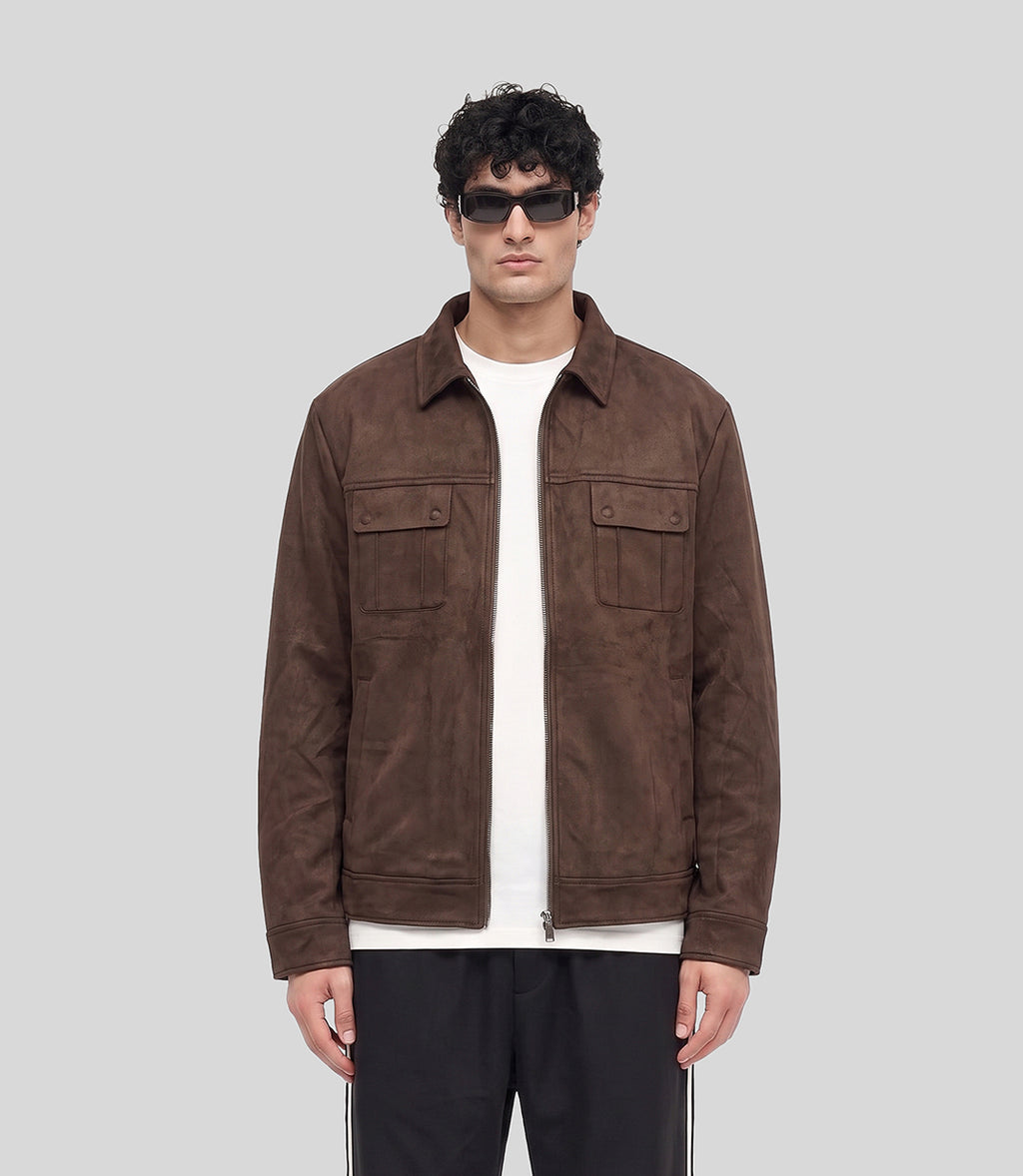 Regent Suede Jacket in brown, front view on model