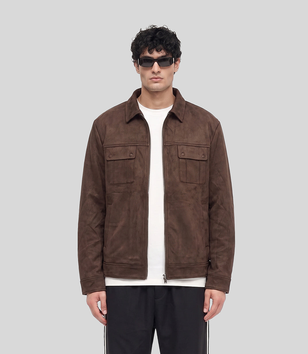 Regent Suede Jacket in brown, front view on model