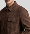 Regent Suede Jacket in brown, close-up of the collar and magnetic chest pocket