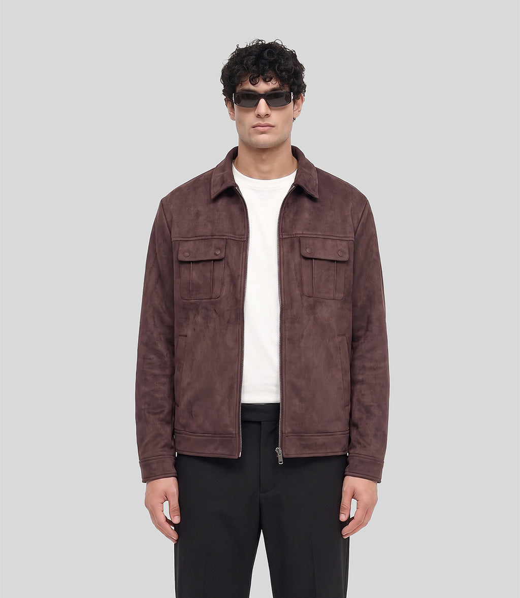 Regent Suede Jacket in wine, front view on model