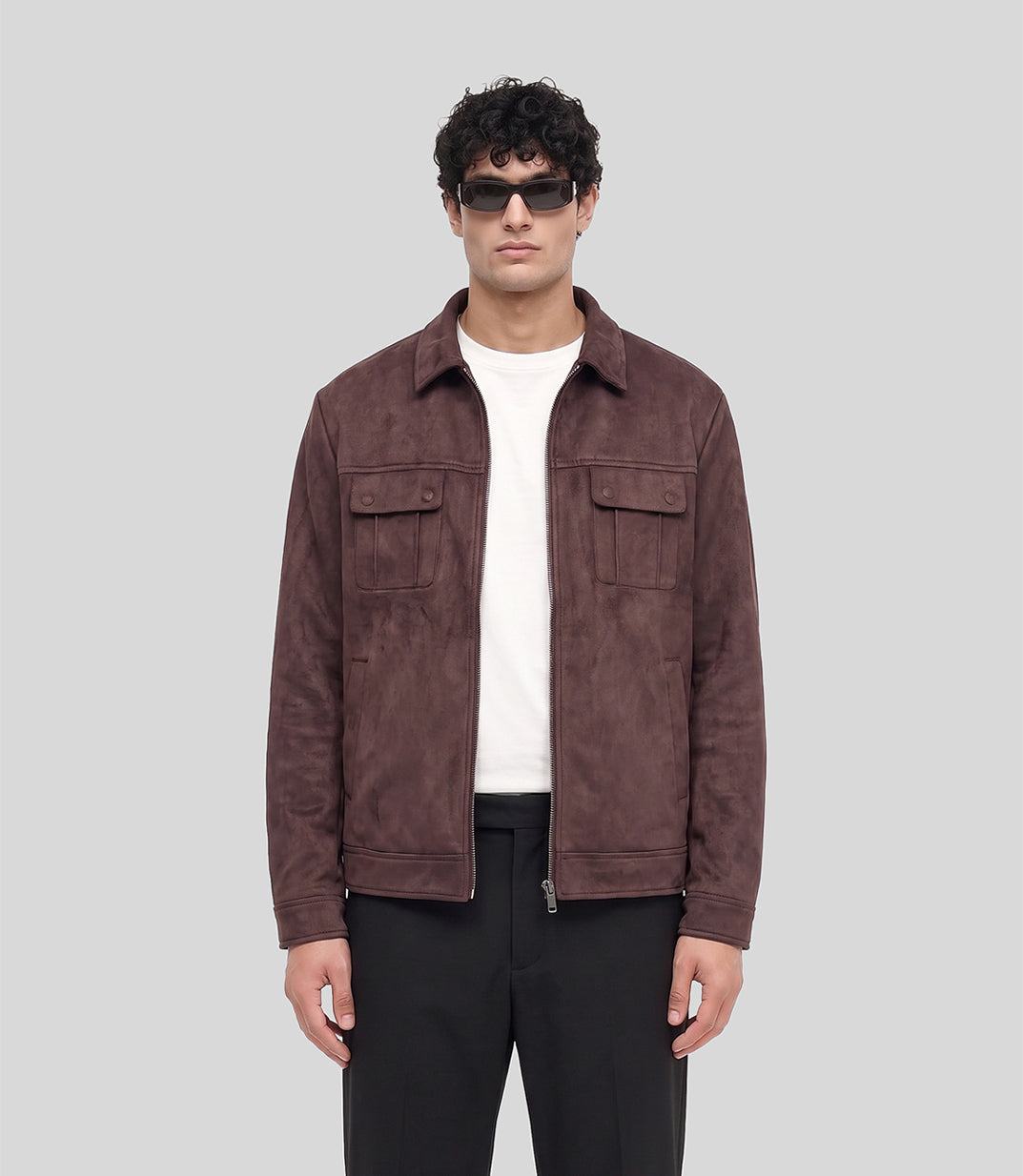 Regent Suede Jacket in wine, front view on model