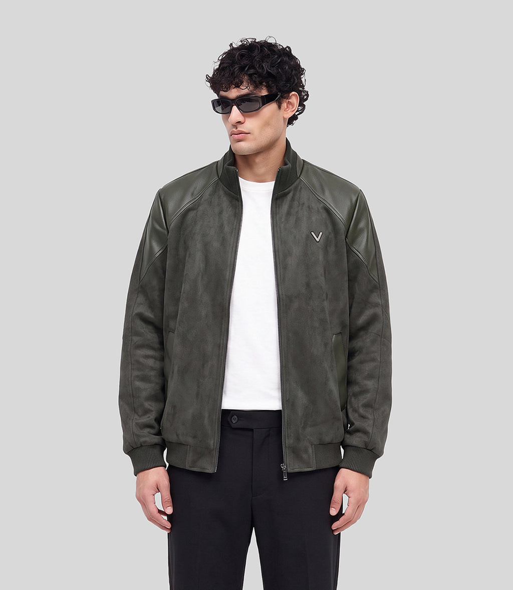 Heritage Suede Bomber Jacket in olive, front view on model