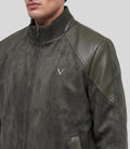 Heritage Suede Bomber Jacket in olive, close-up of the collar and leather shoulder panel