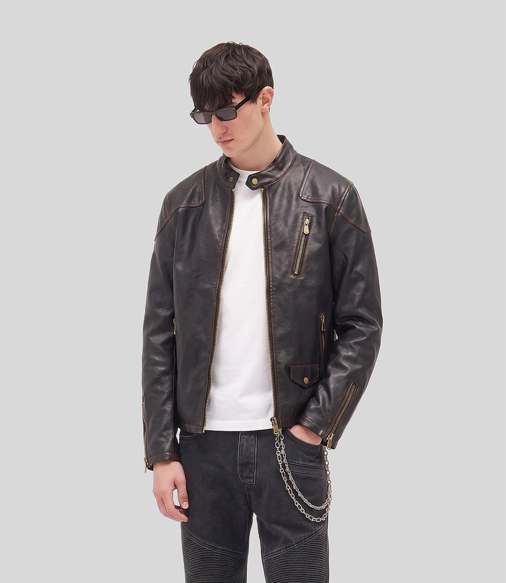 Sunfade Leather Jacket in black, front view on model