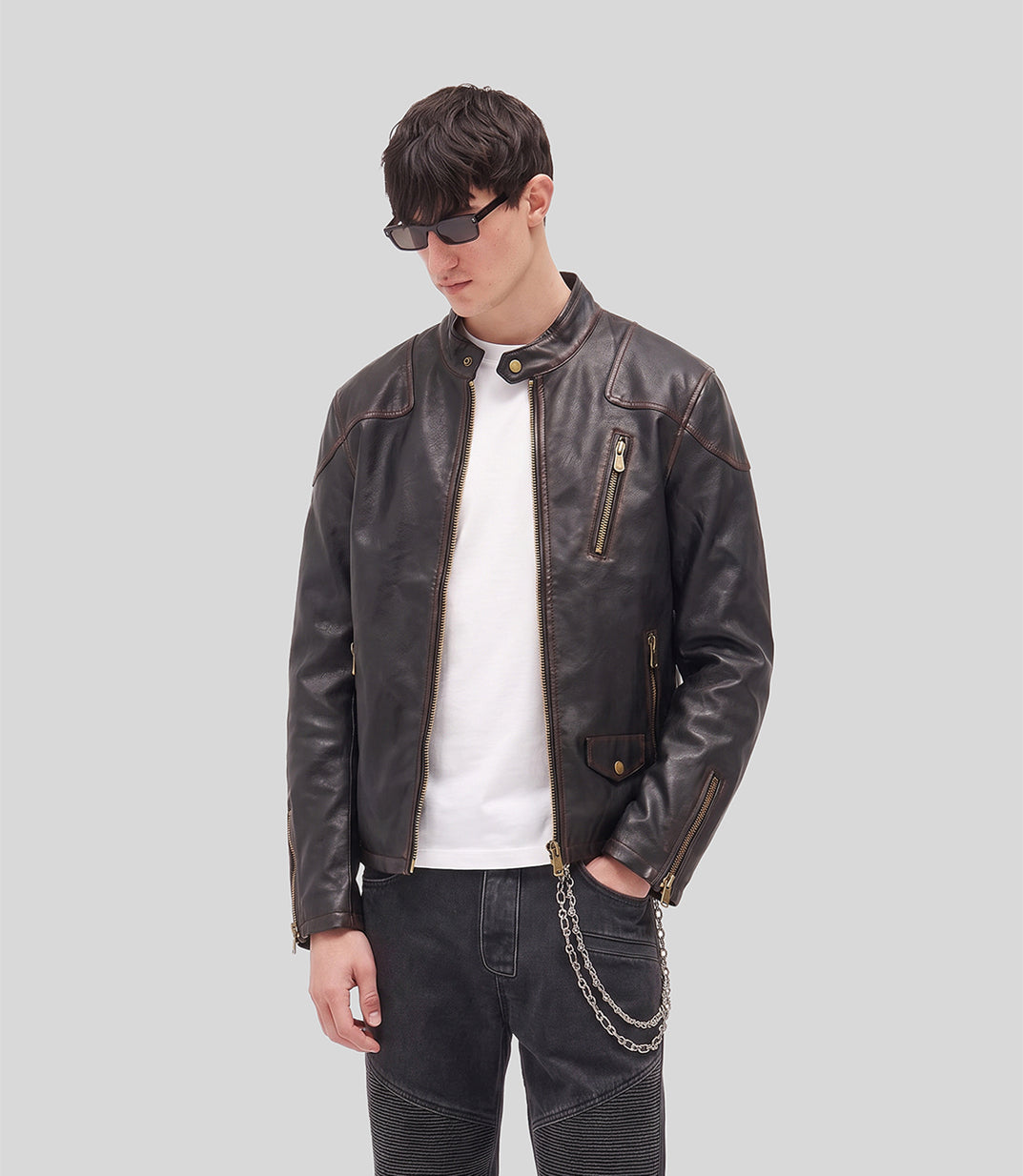 Sunfade Leather Jacket in black, front view on model