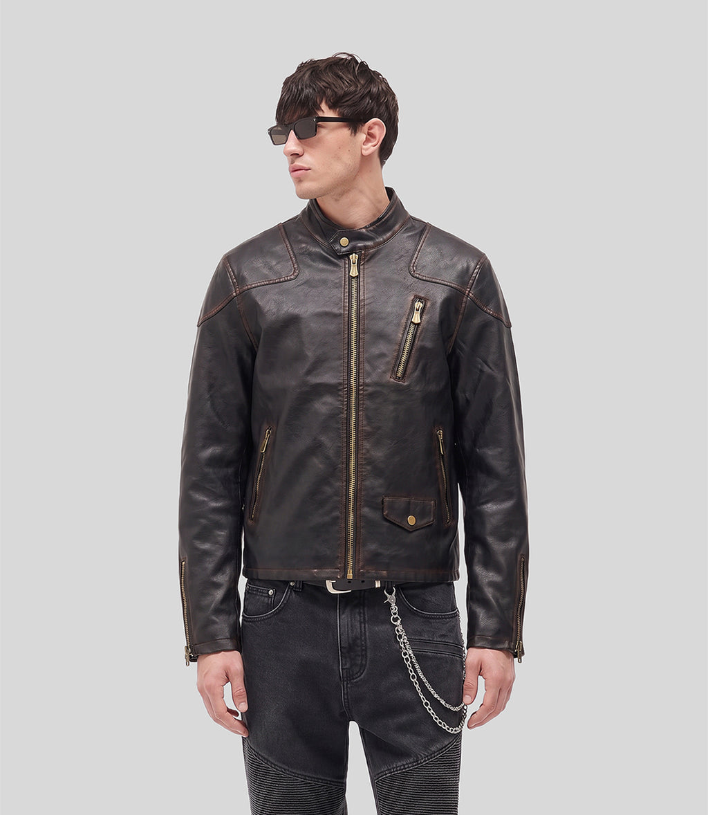 Sunfade Leather Jacket in black, side view on model