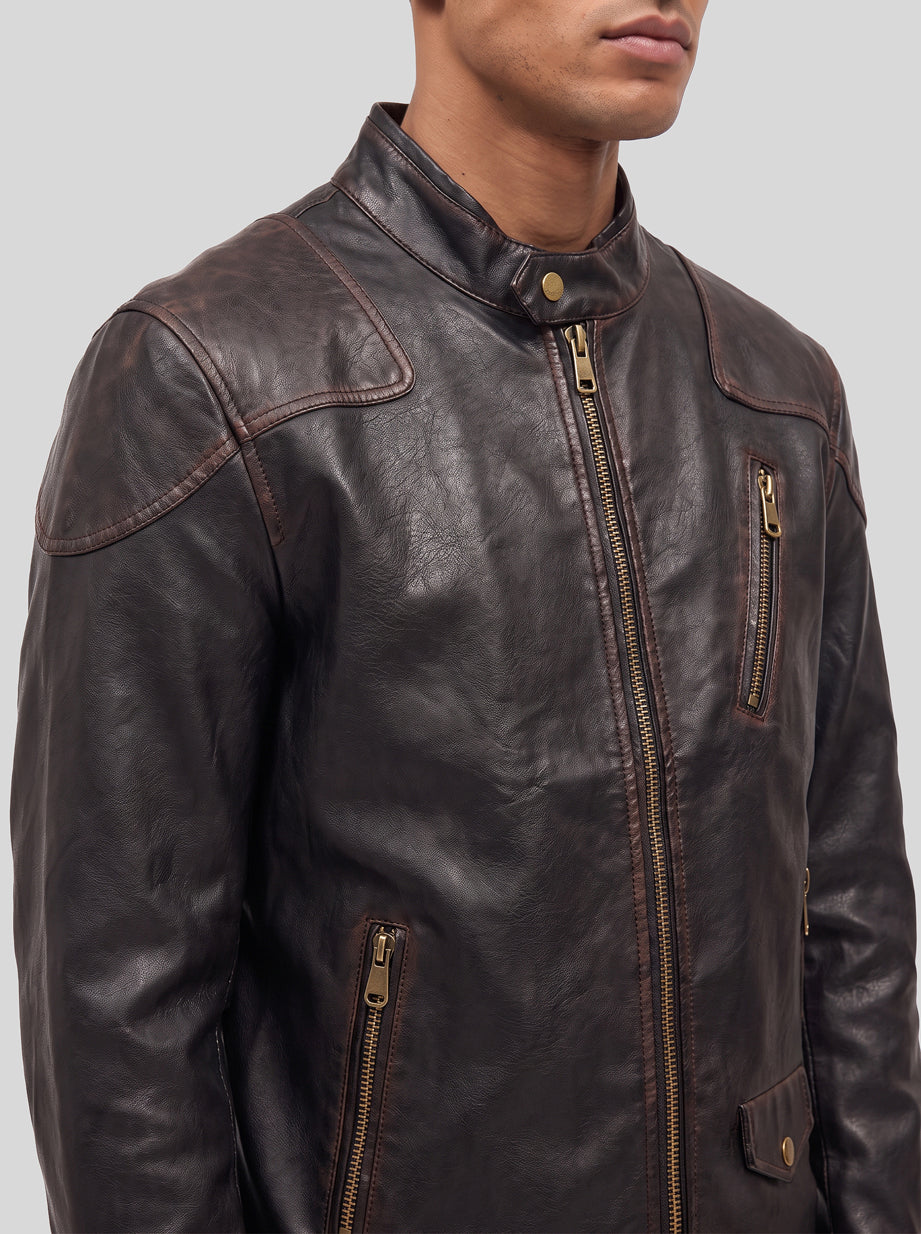 Sunfade Leather Jacket in black, close-up of the collar, zip and chest pocket