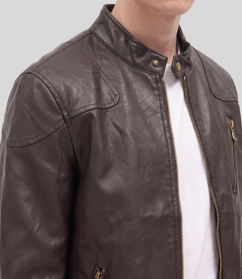 Sunfade Leather Jacket in brown, close-up of the stand collar and panelled shoulder