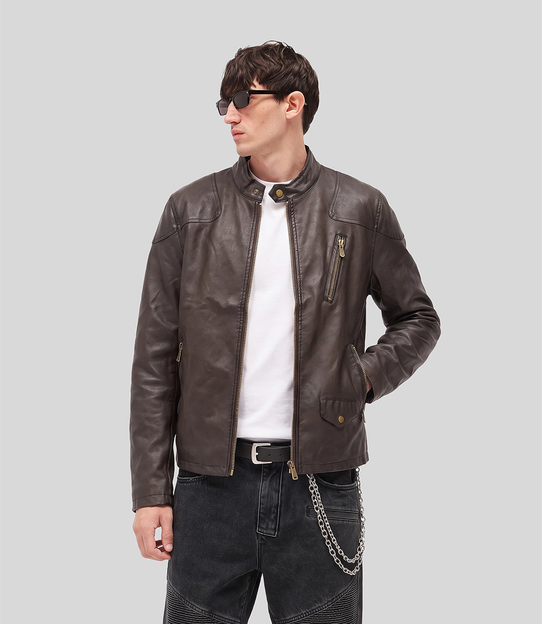 Sunfade Leather Jacket in brown, front view on model