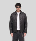 Panelled Leather Jacket in black, front view on model