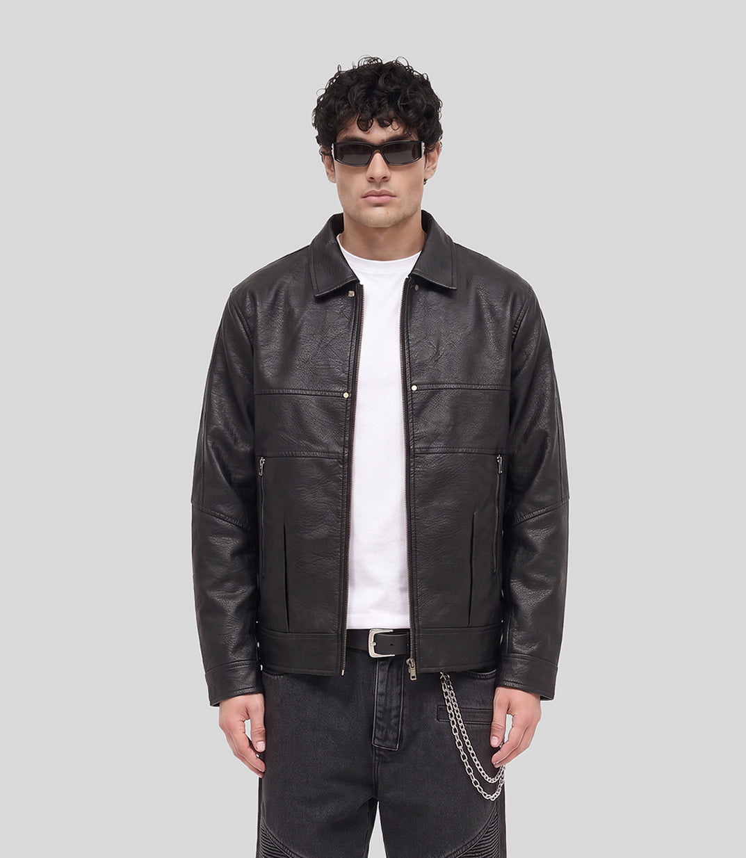Panelled Leather Jacket in black, front view on model