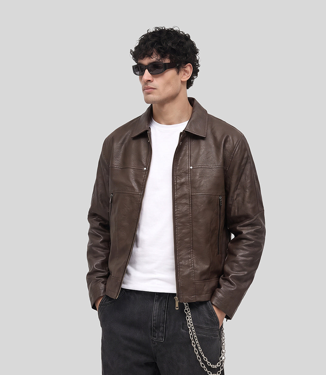 Panelled Leather Jacket in brown, front view on model