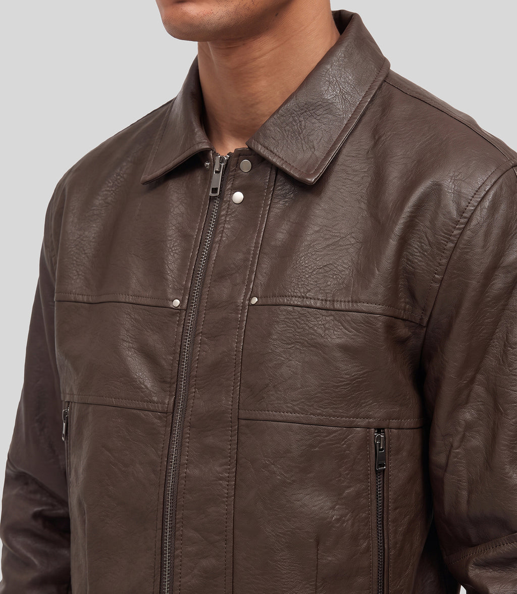 Panelled Leather Jacket in brown, close-up of the shirt collar and chest panels