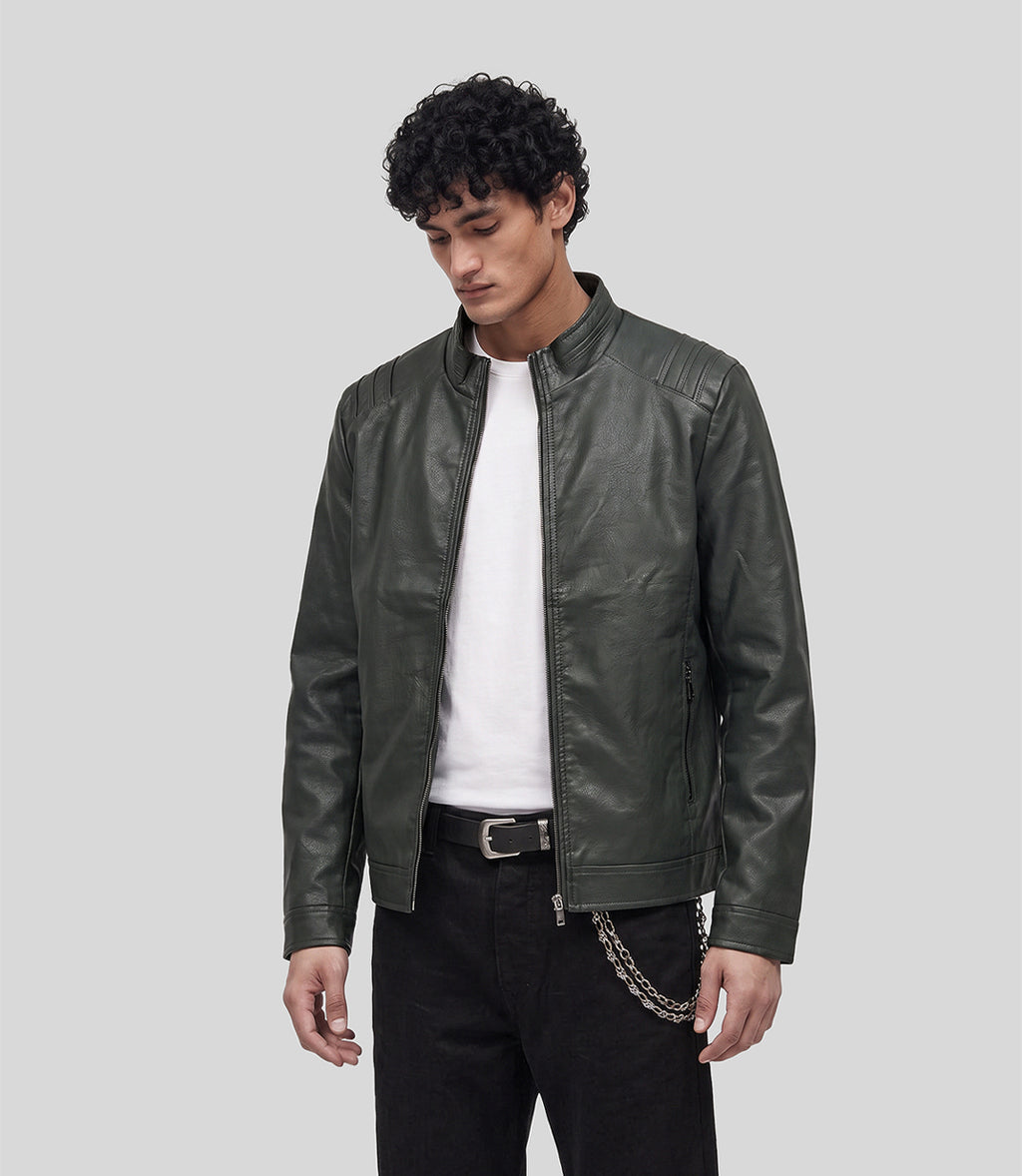 Biker Leather Jacket in olive, front view on model