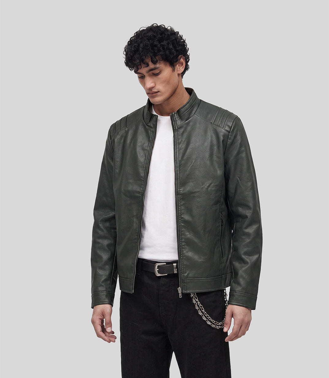 Biker Leather Jacket in olive, front view on model