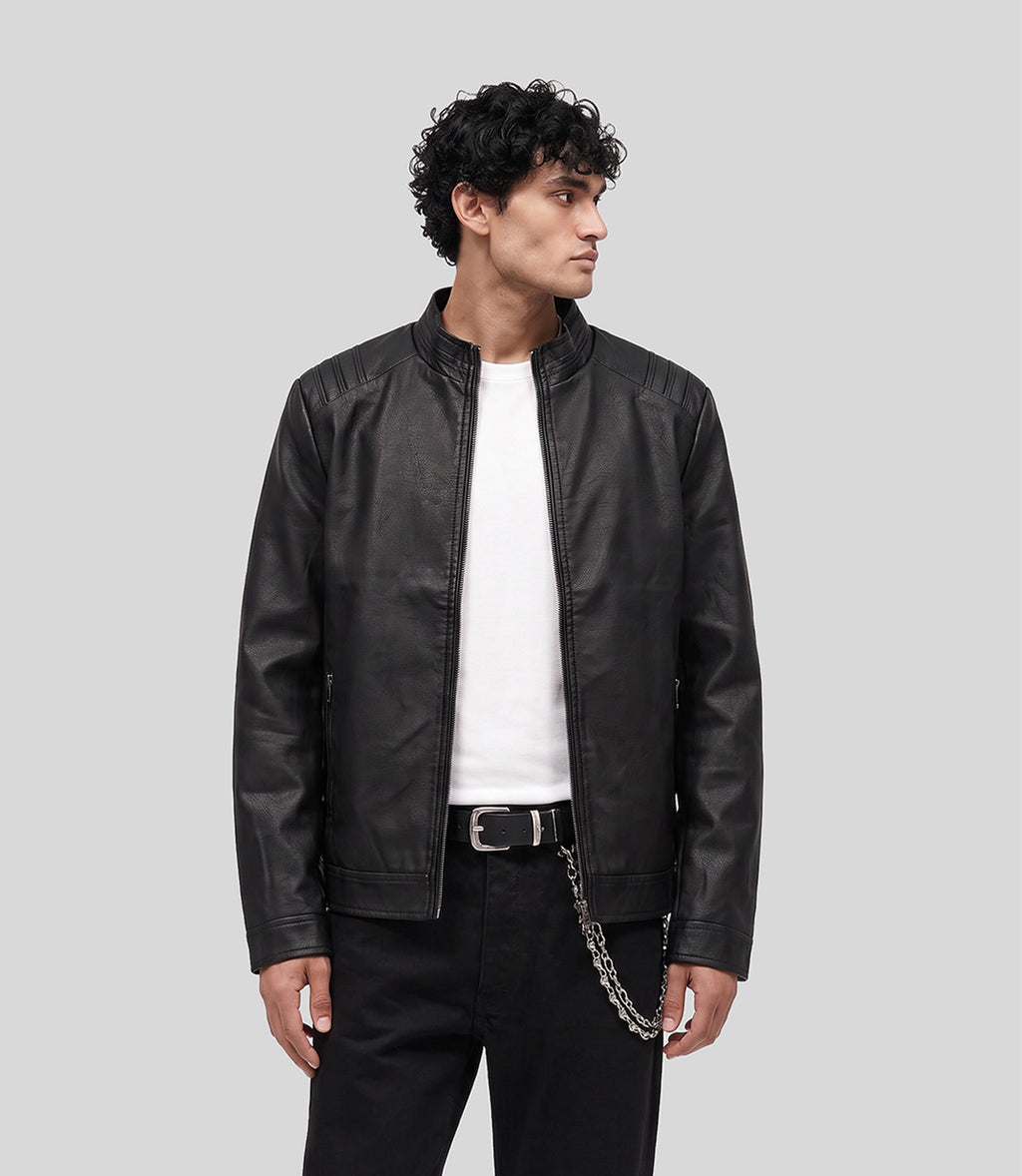 Biker Leather Jacket in black, front view on model